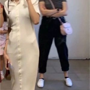 White ribbed half sleeve midi dress with front buttons